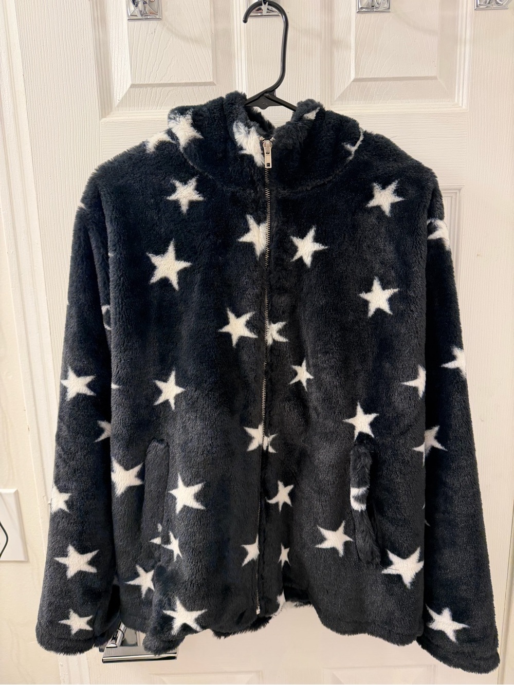 fab'rik Black Plush Star Hooded Jacket with White Stars